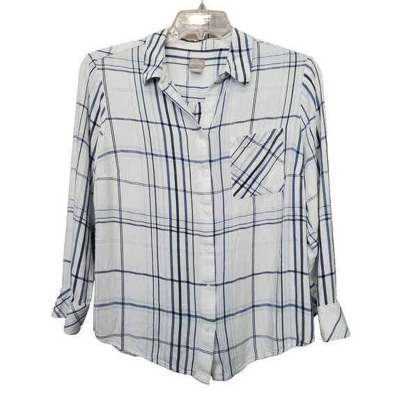 Chico's Rayon White Plaid Long Sleeve Button-Up Shirt Size 2 Large - Picture 1 of 6